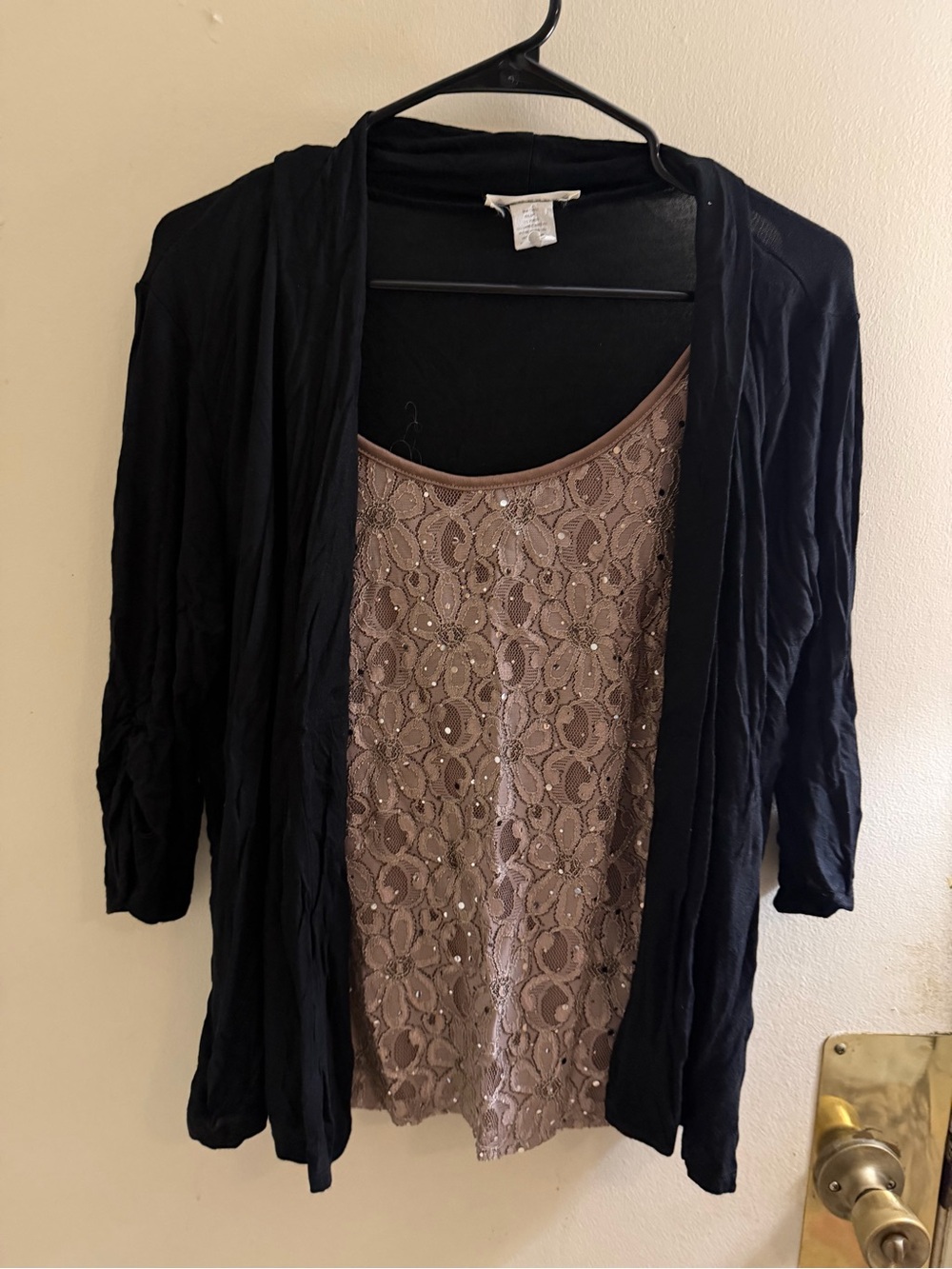 Agenda Black Cardigan with Taupe Lace Beaded Tank